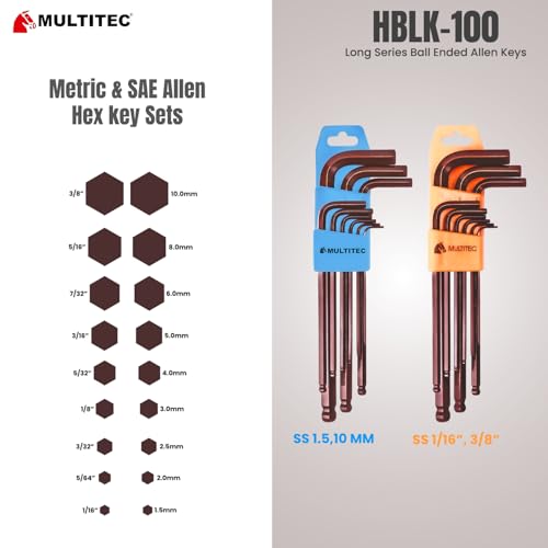 Image of MULTITEC Long Ball Ended Allen Key Set HBLK100-1.5mm to 10mm | 9 Pcs Hex Key Wrench Set with Plastic Holder | Chrome Finish | Hardened Tempered Alloy Steel Tool Kit for Garage Bike Furniture Repair