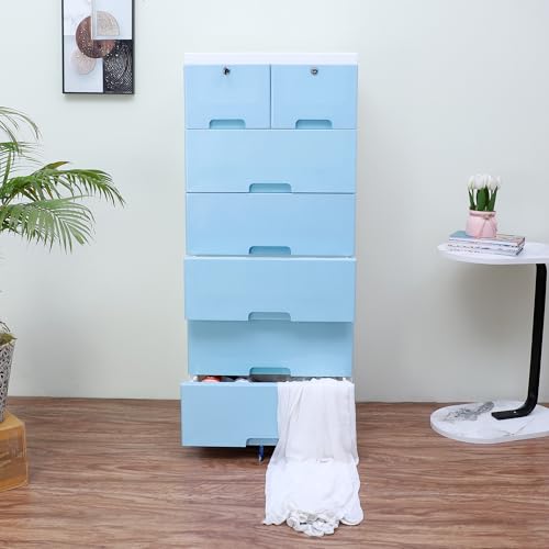 Image of The Tickle Toe Plastic Chest of 7 Drawers for Kids | Multipurpose Organizer for Boys in Blue Theme | Dresser Storage with 2 Locks | Glossy Finish | L51xW33xH121 cm | Blue