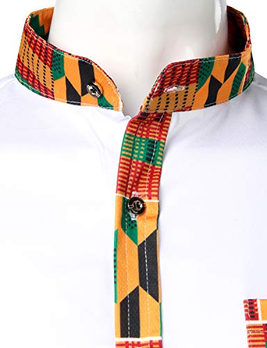 ZEROYAA Men's Hipster African Tribal Graphic Patchwork Design Slim Fit Long Sleeve Button up Mandarin Collar Shirts3