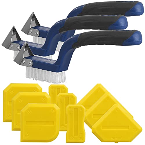 AGT Fugenmesser Silikon: 3er-Set 5in1-Fugenwerkzeug, Fugenmesser, Fugenbürste & Fugenglättern (Fugenkratzer Silikon, Fugenreiniger Fliesen, Kratzer Entferner)