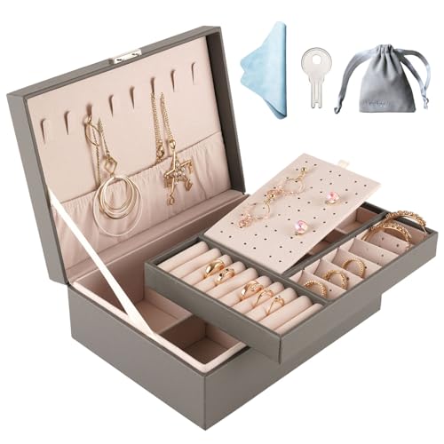 LeeFyy Jewellery Organiser, 2 Layer PU Leather Jewellery Box with key, Jewelry Box for Women, Jewellery storage Organiser for Necklace Earrings Bracelet Ring Accessories