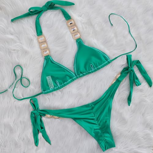 Lisa Colly Women's Two Piece Swimsuit Rhinestone Bikini Set Halter Triangle Bathing Suit3