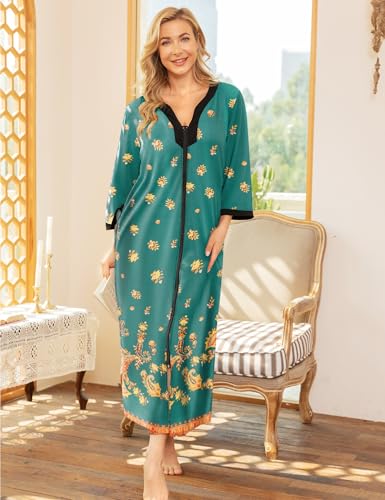 Image of Bloggerlove House Dresses for Women Zip Up Robes Soft Cotton Nightgown Half Sleeve House Coat Long Night Gowns Sleepwear