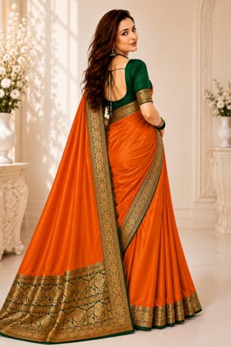 Image of Women's Glory Satin Silk Saree Plain Soft Shiny Elegant Party Traditional Ethnic