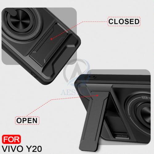 Image of AESTMO Vivo Y12s / Y20 / Y20i Back Cover | Armor Camera Slider 360 Degree Rotating Finger Ring Holder Case with Bracket Stand Back Case Cover (Compatible with MagSafe Accessories) (Black)