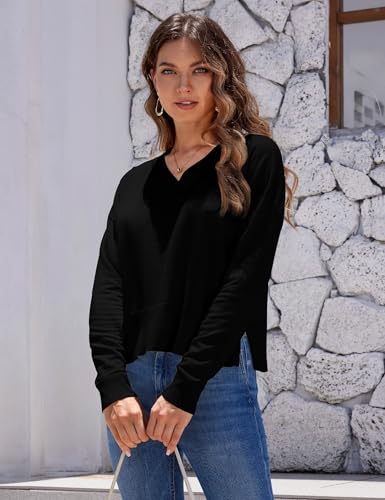 Image of S・DEER SDEER Women's V Neck Stripe Knit Tops Casual Long Sleeve Drop Shoulder Pullover Color Block Loose Fit Sweater Tops(Black,XL), X-Large