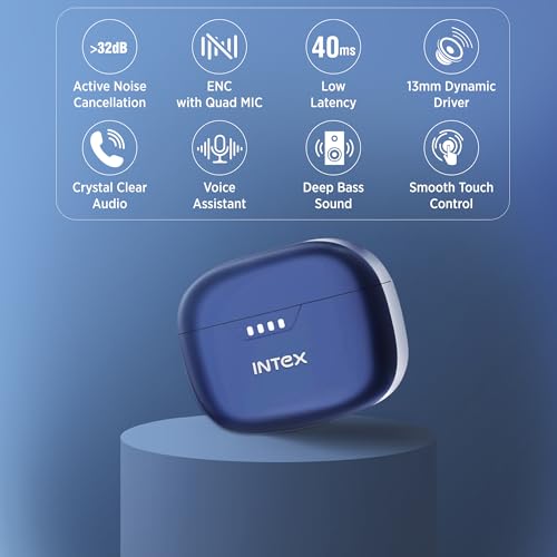 Image of Intex Excel Buds ITW202 (ANC), Active Noise Cancellation 32dB, 40ms Low Latency, Quad Mic, Upto 50Hr Playback, 13mm Dynamic Driver for Deep Bass & Crystal Sound, Bluetooth v5.3, Type C Charging (Blue)