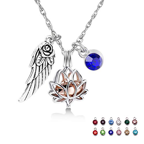 ZARABE Silver Lotus Flower Urn Necklace for Ashes Rosegold Capsule Cremation Jewelry Memorial Necklace with Angel Wings and 12 Birthstones