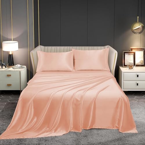 Image of Homestan Satin Bedsheet for King Size Bed with 2 Pillow Covers, Modern Bed Sheet for Romantic Nights(100x108 inches, Peach)