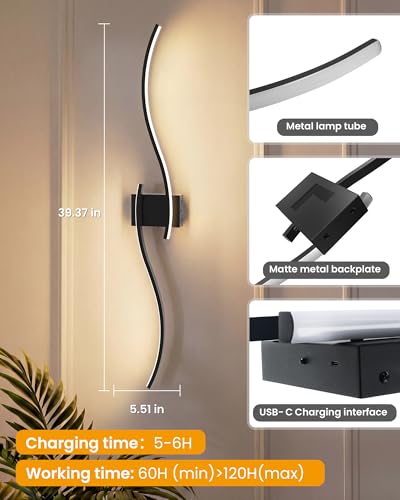 Image of NIORSUN 39.4 Inch Battery Operated Wall Sconce Set of 2, Black Modern Rechargeable Wall Lights with Remote, 3CCT Dimmable Wireless Wall Lamp for Living Room Bedroom Hallway