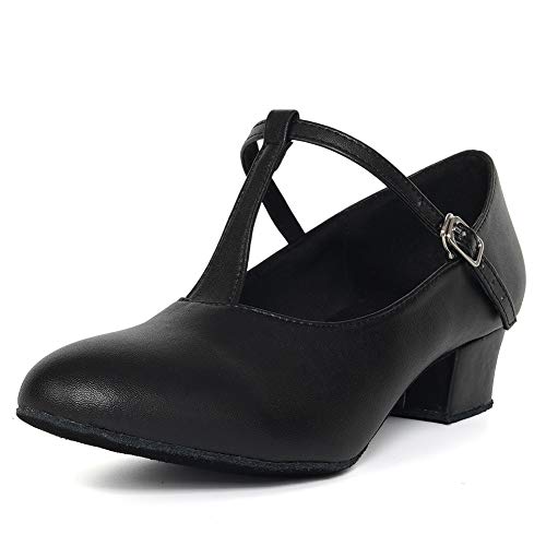 HIPPOSEUS Womens T Strap Latin Salsa Character Shoes Black Ballroom Dance Pump 1.5