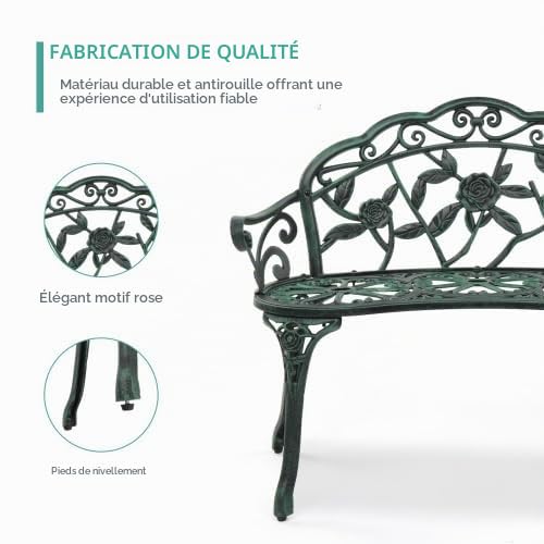 Bonnlo Banc Exterieur Jardin en Aluminium Moulé|Style Vintage avec Motif de Roses|Banquette,Bancs de Jardin Robuste pour Terrasse, Balcon et Patio|Vert Antique