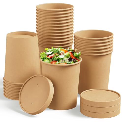 JOLLY CHEF 32oz Paper Soup Containers with Vented Lids, 25 Pack Disposable Food Containers, To Go Soup Cups with Lids