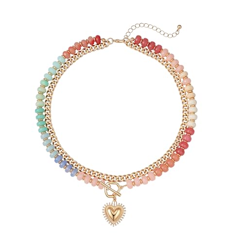 ALFISO Layered Necklaces for Women 14K Gold Plated Heart Pendant & Colorful Acrylic Beaded Choker Cute Trendy Jewelry Anti-Tangle Single Clasp Design Summer Beach Boho Necklace for Women