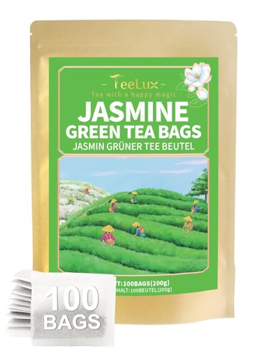 TeeLux Jasmin Grüner Tee Beutel 100 Stück Vegan Natürlicher Jasmintee mit Herrlichem Aroma Duftender Grüner Tee mit Jasminblüten