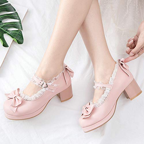 LUXMAX Women Kawaii Mid Block Heel Mary Jane Rockabilly Pumps with Bow Platform Chunky Heel Cute Sweet Shoes4