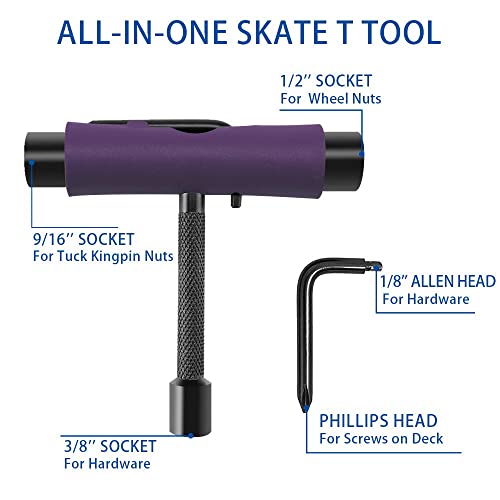 Keecaan All-In-One Skate Tools, T Skateboard Tool And Allen Key With Cross Screwdriver Head, Multi-Function Portable Skateboard T Tool (Purple) #TOP1