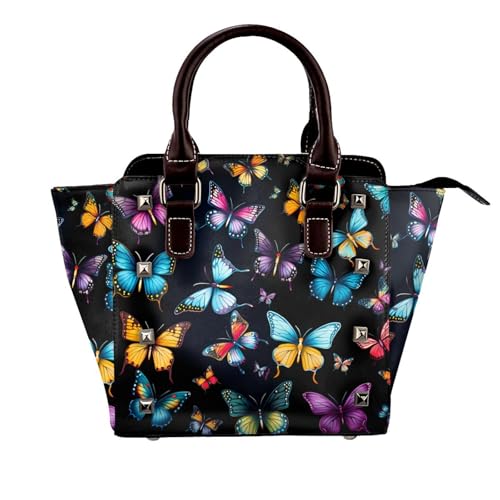 Leather Shoulder Bag for Women, Butterfly Studded Purse Colorful Bird Crossbody Handbags Punk Hobo Bag with Adjustable Strap