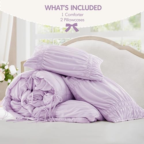 Image of Intelligent Design Ruched Shabby Chic Lavender King Comforter Set, 3pc | Girls Bedding Set, French Country, All Season Down Alternative, Cozy, Machine Washable, Lightweight, Breathable