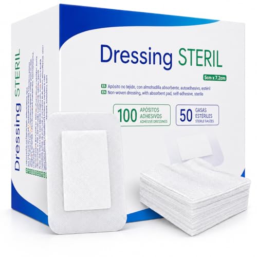 Pack 150 Unidades, 100 Apósitos Adhesivos Estériles Transpirables (5cm x 7,2cm) + 50 Gasas...