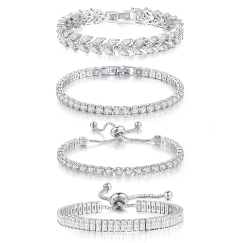 YOYUNLUO 4 Pcs Tennis Bracelet Set Silver Plated Marquise Cubic Zirconia CZ Diamond Dainty Adjustable Silver Bracelets for Women Brides Stackable Fashion Jewelry Wedding Prom Gift (Silver-4PCS Tennis Bracelet Set)