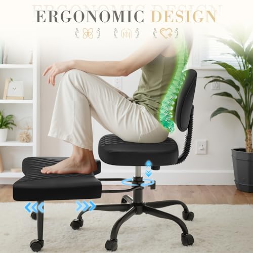 Image of Furmax Ergonomic Criss Cross Legged Office Chair with Wheels, 360Swivel Adjustable Height Kneeling Desk Chair with Footrest for ADHD, Yoga, Meditation, Home Office (Leather, Black)