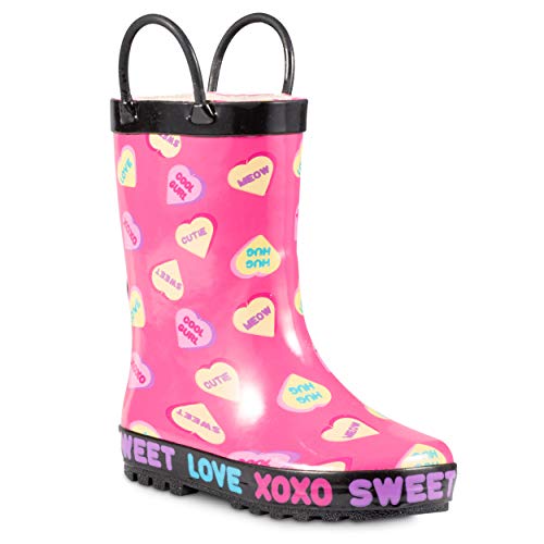 ZOOGS Children's Rubber Rain Boots, Little Kids & Toddler, Boys & Girls Patterns, Pink (Hearts Verbage), 13 Little Kid