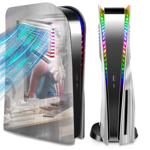 SIKEMAY PS5 Plates Console Accessories with Cooling Vent and RGB LED Light Strip for Playstation 5 Disc Edition, PS5 Cover Face Plates Hard Shockproof Side Shell Skin, 8 Colors 400 Effects - Silver