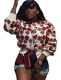 BQDCQB Womens Cropped Floral Print Jacket Warm Fleece Bomber Jacket Casual Button Down Coats Fall Puff Outerwears Red XL