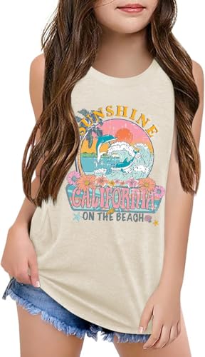 Image of Qbily Tank Tops for Girls Kids Summer Casual Cute Sleeveless Crewneck Graphic T Shirt 5-14 Years