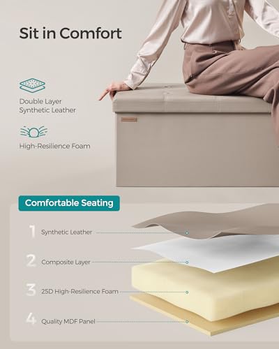 Image of SONGMICS Mazie Collection - 43 Inches Folding Storage Ottoman Bench, Ottoman with Storage, Foot Rest Stool, Load 660 lb, for Living Room, Synthetic Leather, Camel Brown ULSF070K03