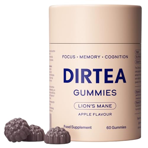 DIRTEA Lions Mane Mushroom Gummies (60 Gummies) - 2 400mg per Serving - Vegan Natural & Sugar Free with Vitamin B12 & B5 - Apple Flavour