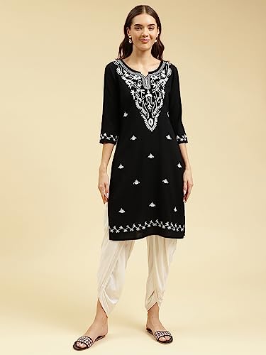 Image of QAZMI Women's Cotton Straight Embroidered Kurti (Aari Work)