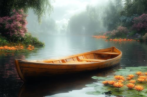 KY-lunk Paint by Number for Adults, Rowboat Resting Beside Blooming Lily Pads, Oil Painting for Beginner Students, DIY Acrylic Painting Kit for Room Decor Gift 16 * 20 Inch