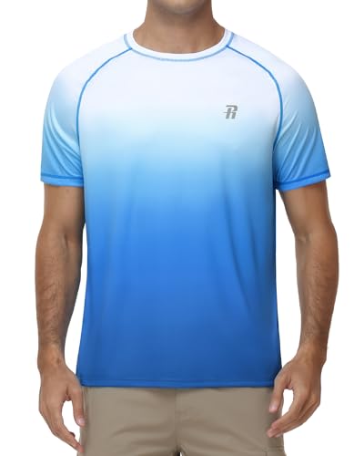 Runhit Mens UPF 50+ Rash Vest Short Sleeve Lightweight Quick Dry Swimming T-Shirt Breathable UV Sun Protection SPF Swim Top for Running Fishing & Cycling Light Blue Gradient M