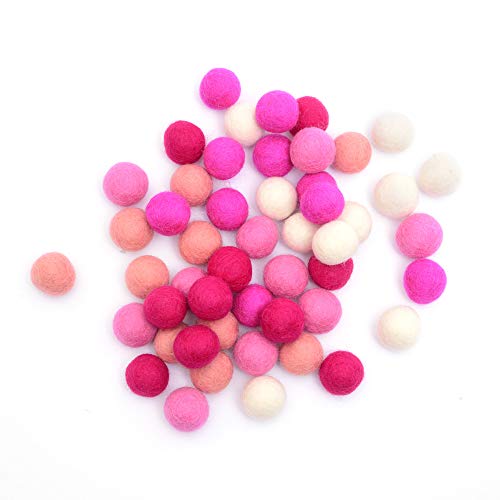 Image of Glaciart One Wool Felt Balls (50 Pieces) 2.5 Centimeters - 1 Inch, Handmade Felted 5 Valentines Colors (Baby Pink, Medium Pink, Magenta and More) - Bulk Small Puff for Felting and Garland