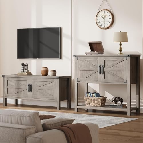GarveeHome Farmhouse Entryway Table with 2-Door, Wood Console Table with Storage, Coffee Bar Cabinet, Sofa Tables Buffet Sideboard for Kitchen, Hallway, Dining, Living Room-Grey