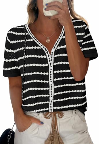 Image of NALANISA Women's Short Sleeve Sweater Spring Summer Crochet Knit Tops 2026 V Neck Striped Button Down Dressy Casual Blouses