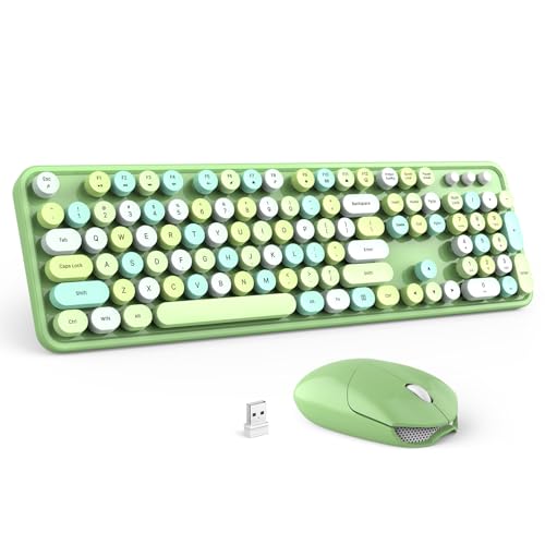 Image of Wireless Keyboard and Mouse Combo - GEEZER Olive Green Full-Sized Colorful Keyboard 104 Keys - USB 2.4 G Receiver Plug and Play with Round Keycap Typewriter Keyboards, for Windows, PC, Laptop, Desktop