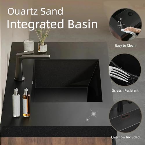 Image of 30'' Floating Bathroom Vanity with Sink, Wall-Mounted Bathroom Storage Cabinet with Soft-Close Striped Drawer & Quartz Sand Basin, Modern Smoked Walnut Body with Internal Handle, Black