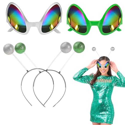 JYNVO 4 Piezas Gafas Extraterrestres con Lentes Arcoíris y Diadema de Antena con Guantes Alienígenas Accesorios de Disfraz Diadema Alien para Fiestas de Disfraces para Adultos y Niños Halloween