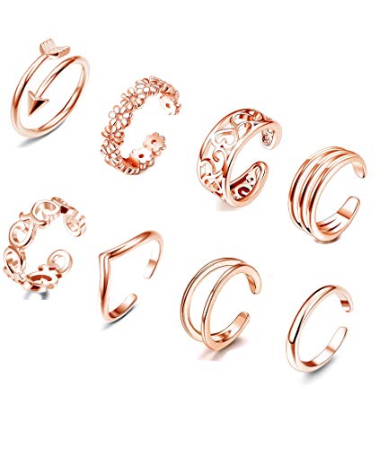FIBO STEEL 8 Pcs Toe Rings for Women Flower Open Tail Ring Adjustable Rose Gold-Tone