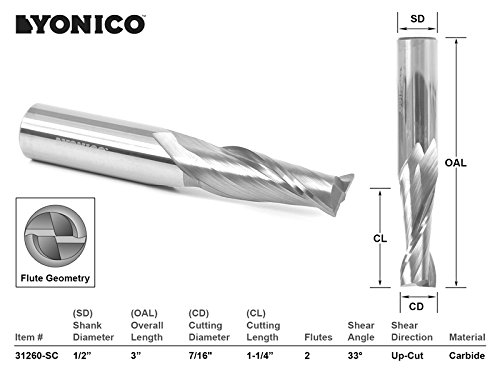 Image of YONICO Upcut Router Bits Spiral 2 Flute Solid Carbide CNC End Mill 7 /16-Inch Dia. 1 /2-Inch Shank 31260-SC