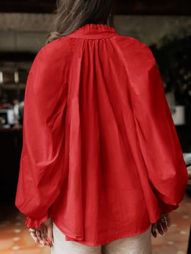 Tankaneo Womens Puff Long Sleeve Button Down Shirts Pleated V Neck Cotton Blouses Loose Fit Casual Ruffle Tops4