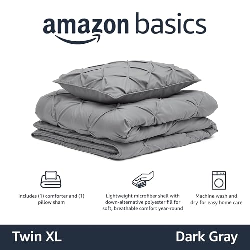 Image of Amazon Basics 2 Piece Soft, Lightweight Down-Alternative All-Season Comforter and Bedding Set, Pinch Pleat, Twin /TwinXL, Dark Grey