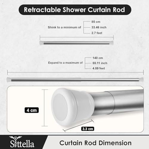 Image of SITTELLA (85Cm To 140Cm) Extendable Shower Curtain Tension Rod Non-Drilling Anti-Skid Spring Pull Rod -Stainless Steel, White-Silver