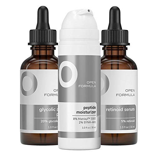 Open Formula Anti-aging Super Set. Glycolic Acid Peel + Retinoid Serum + Collagen Peptide Moisturizer. For Dark Spots & Melasma, Lines & Wrinkles, Loose & Sagging Skin. 3 Products, 3 Minutes To Apply