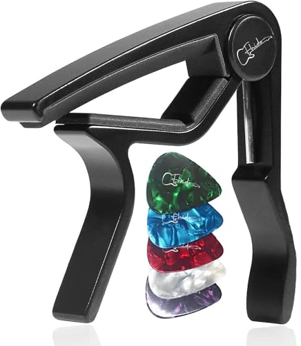 FHIDO Cejilla de Guitarra para Electrica Acústica Folk Ukelele Bajo Guitar Aleación de Aluminio Guitar Capo con 5 Púas de Guitarra (Musical, Cejilla Negra + Púas, 1, FH-103)