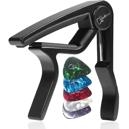 Cejilla de Guitarra para Electrica Acústica Folk Ukelele Bajo Guitar Aleación de Aluminio Guitar Capo con 5 Púas de Guitarra (Cejilla Negra + Púas, Musical, 1, FH-103)