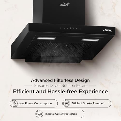 Image of V-Guard T10 60 cm Kitchen Chimney | 1300 m /h High Suction Capacity | Filterless Chimney | One-Touch Heat Auto Clean | Touch Panel with Gesture Control